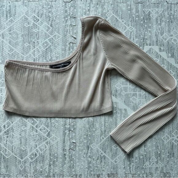 Maniere de Voir One Sleeve Ribbed Neutral Minimalist Beige Crop Top Size 12 UK - Picture 5 of 9